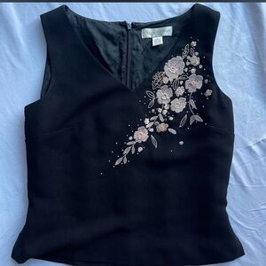 Vintage‎ Black Casual Corner Embroidered Floral Top